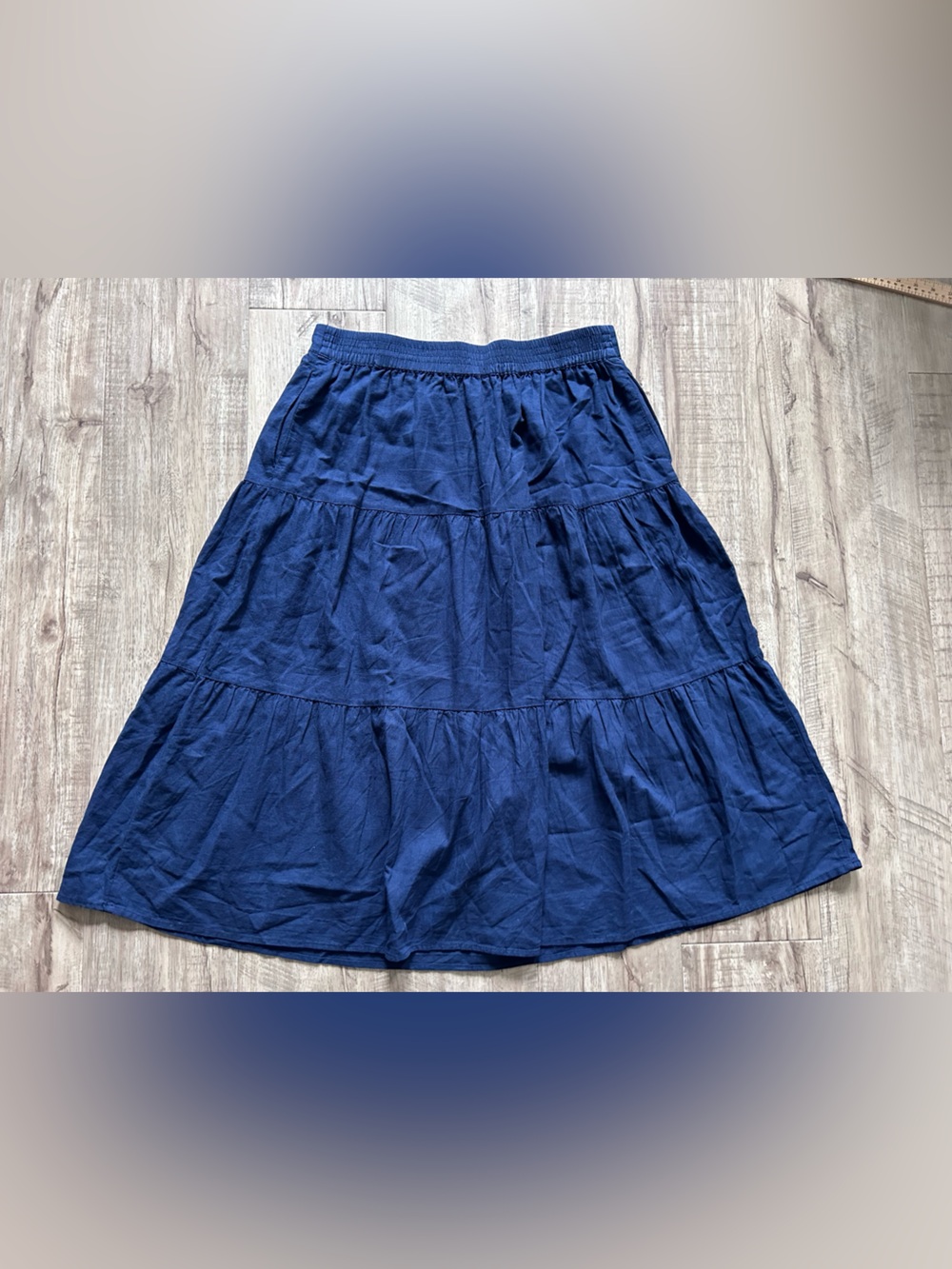 Linen blend Tiered Midi pull on Skirt Navy Blue with pockets fall neutral basic - Picture 3 of 8